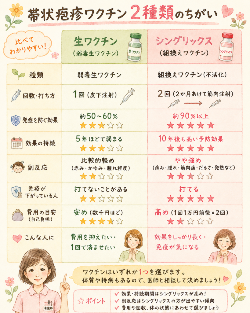 帯状疱疹ワクチン2種類(生ワクチンとシングリックス)の違いを比較した図。回数・発症を防ぐ効果・持続期間・副反応・費用などを星評価でわかりやすく比較。