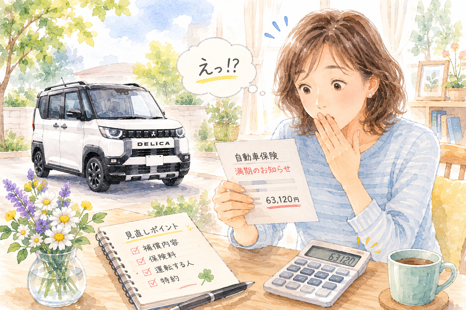 自動車保険の満期のお知らせ63,120円を見て驚くアラ還女性の水彩イラスト