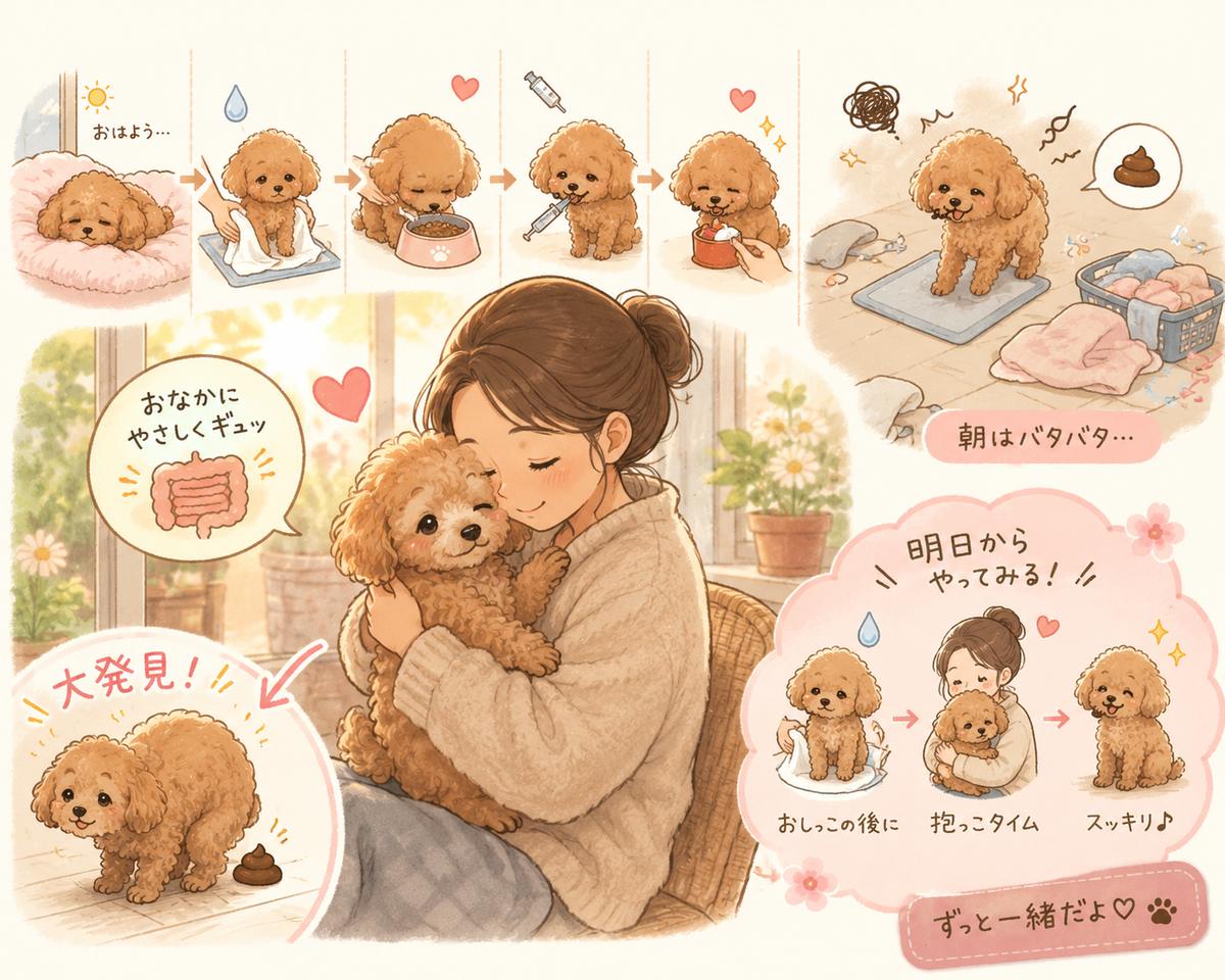 16歳の老犬チロンの朝のお世話を描いた水彩イラスト