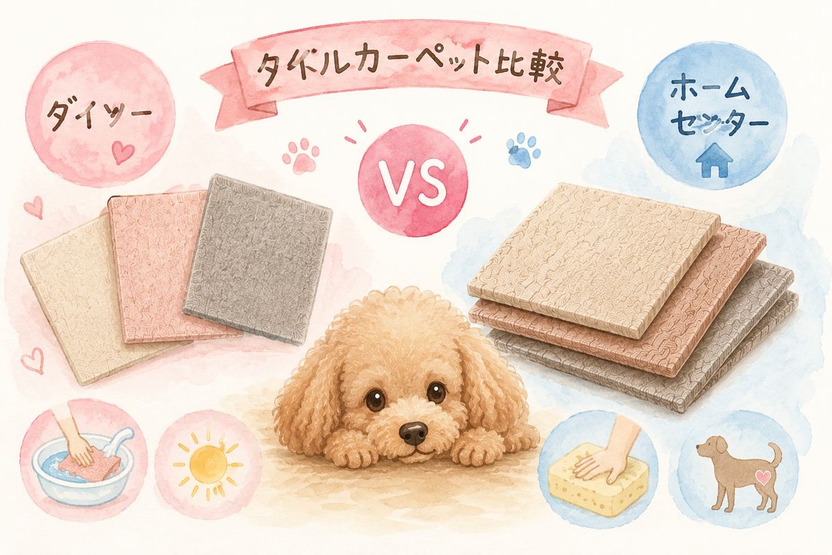ダイソーとホームセンターのタイルカーペットを比較した図。洗いやすさ・乾きやすさ・厚みのちがい
