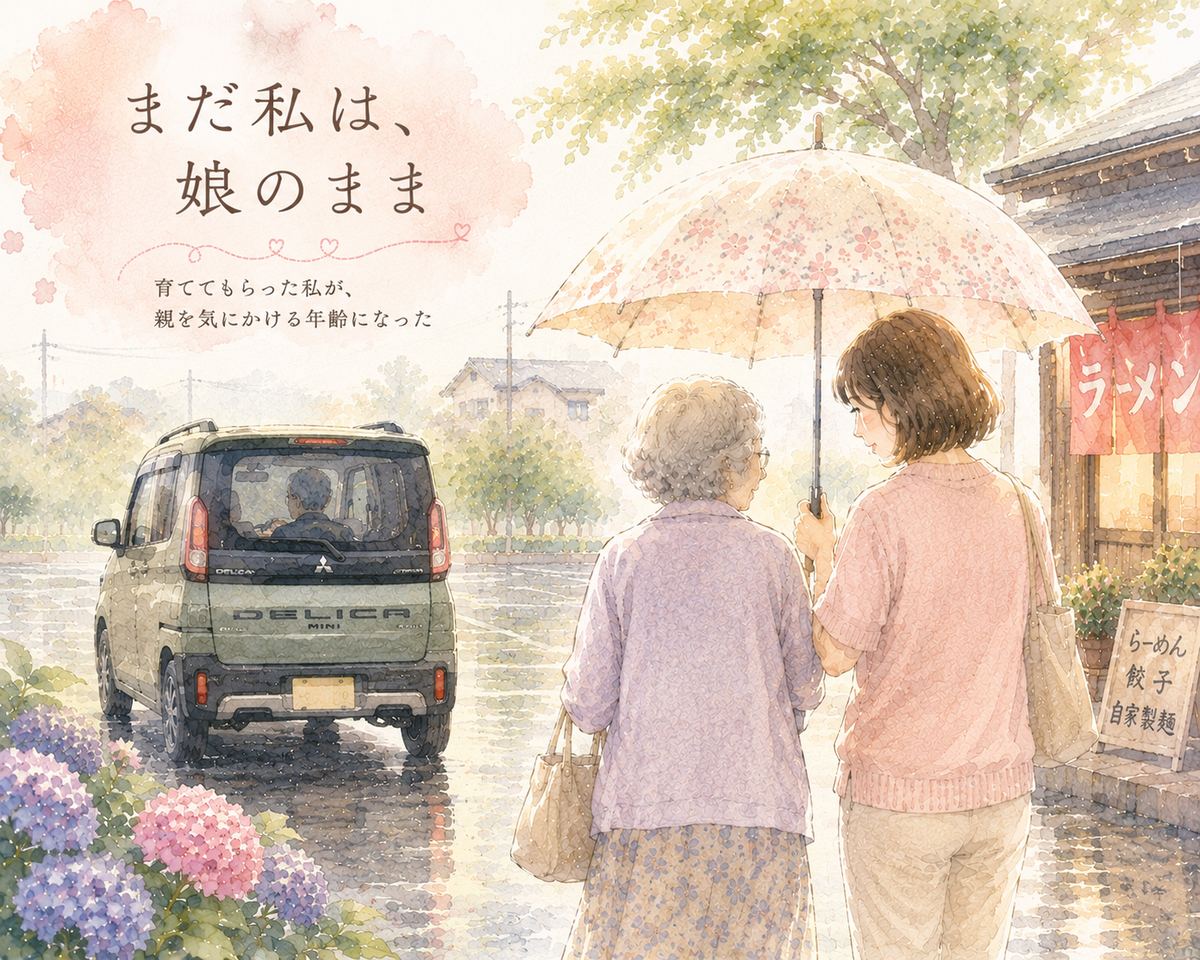 雨の日、母に傘をさしかけてラーメン屋へ向かう娘の後ろ姿とあじさいの水彩イラスト
