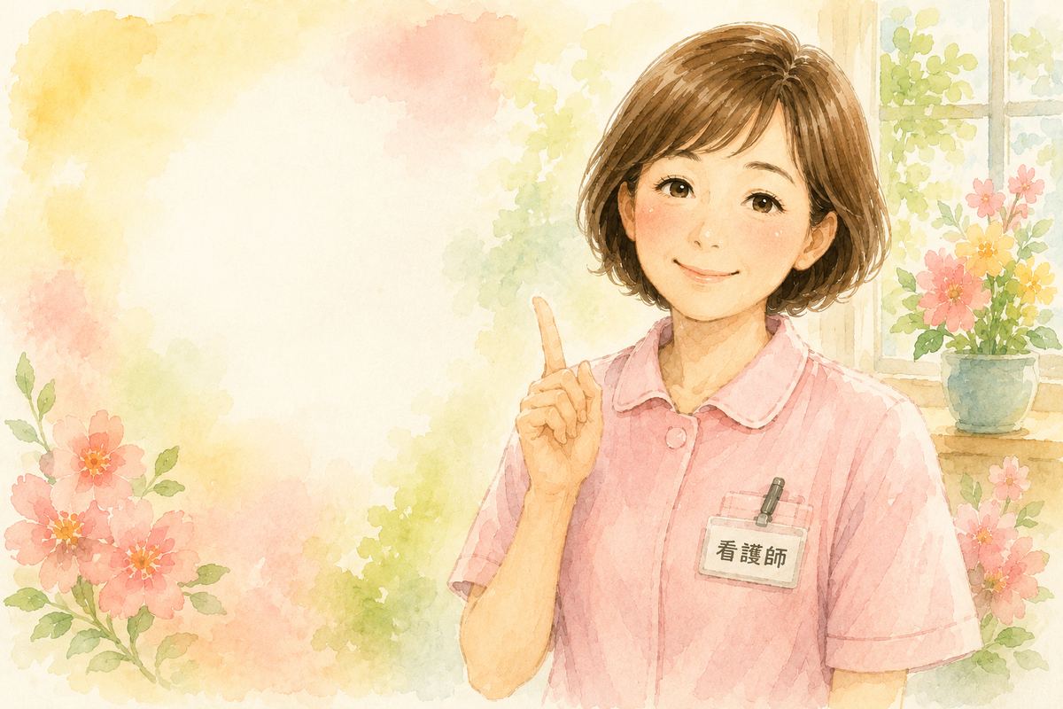 ピンクの制服を着た看護師が指を立てて説明している水彩イラスト