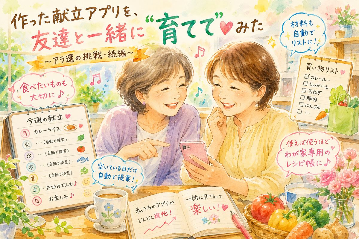 献立アプリの画面を見ながら笑い合う二人と、今週の献立表・買い物リストの水彩イラスト