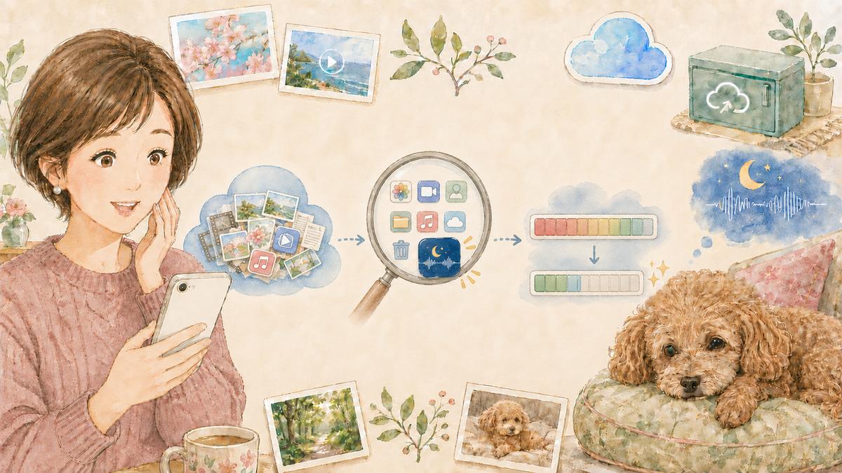 iCloudの中身を虫めがねで探して、犯人のアプリを見つけ、容量が減るまでの流れを描いたイラスト