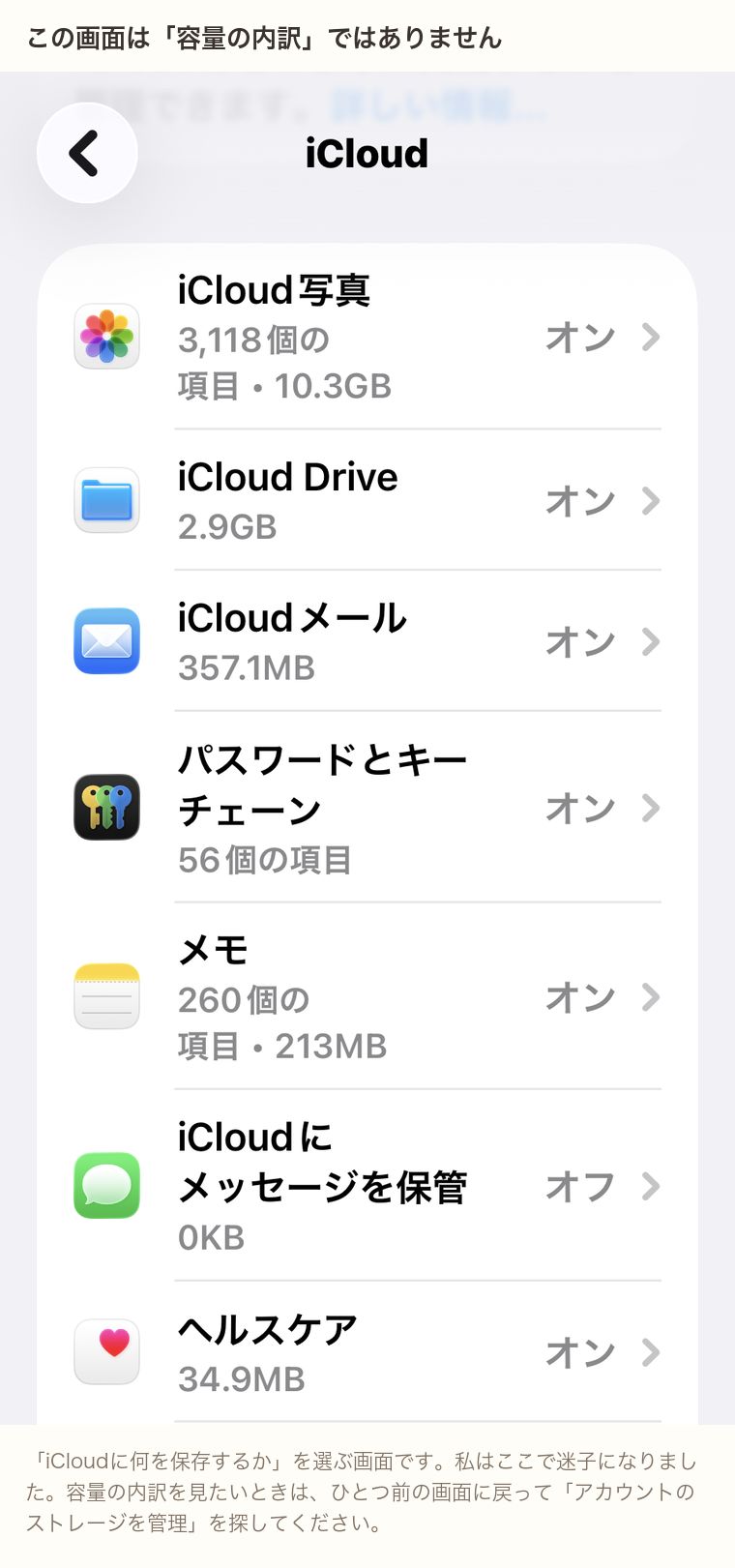 iCloudに保存する項目を選ぶ画面。容量の内訳ではない