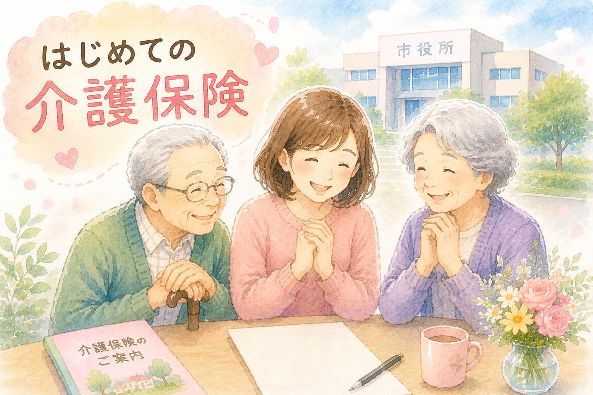 「はじめての介護保険」市役所を背景に、介護保険の案内を前に笑顔で話す父・母・娘の水彩イラスト