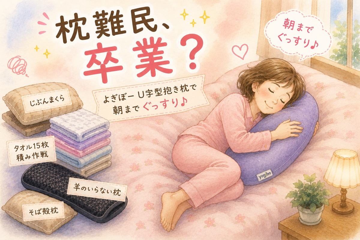 U字型の抱き枕を使って横向きで眠るイラスト