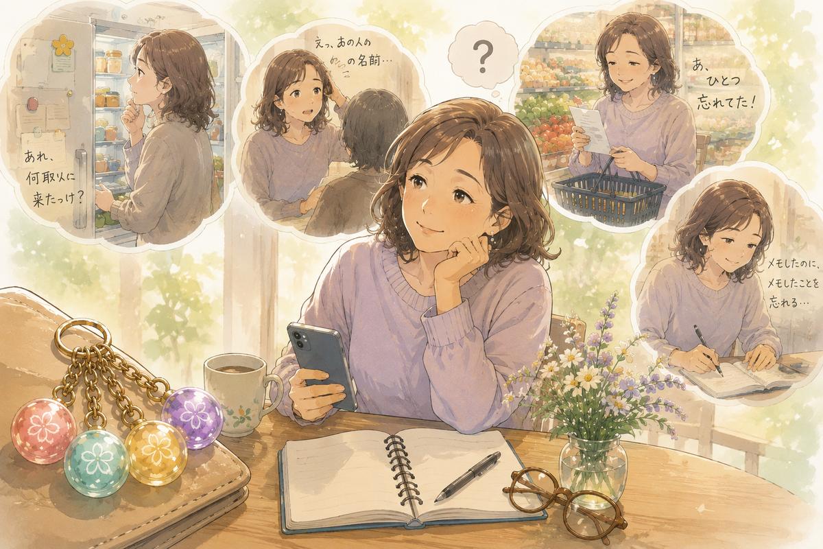 もの忘れの場面が吹き出しで描かれた水彩イラスト