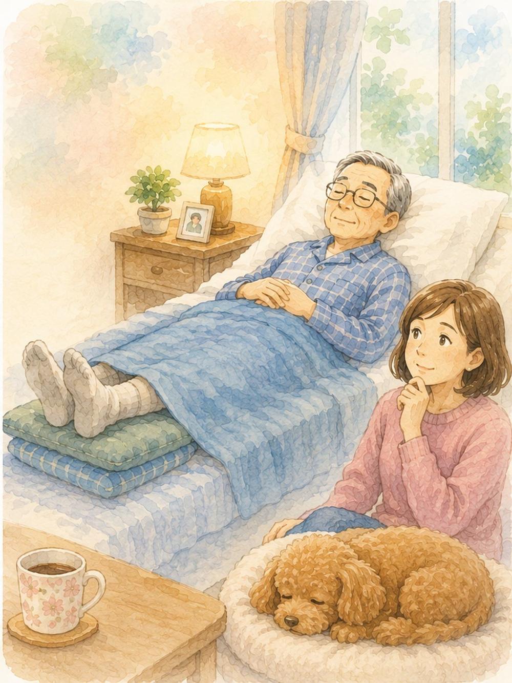 座布団に足を乗せて眠る父と、そばに座る娘、眠る老犬