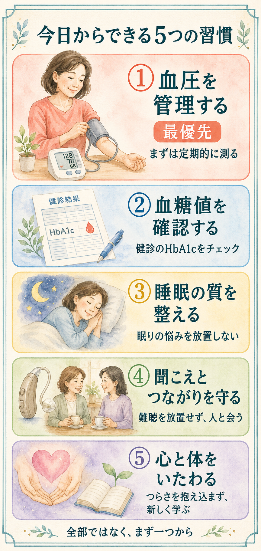 今日からできる5つの習慣:血圧を管理する(最優先)、血糖値を確認する、睡眠の質を整える、聞こえとつながりを守る、心と体をいたわる