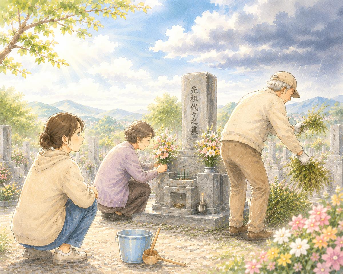 家族でお墓参りをしている水彩イラスト