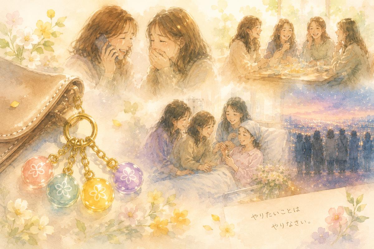 財布につけたキーホルダーと、看護学校の仲間との思い出の水彩イラスト