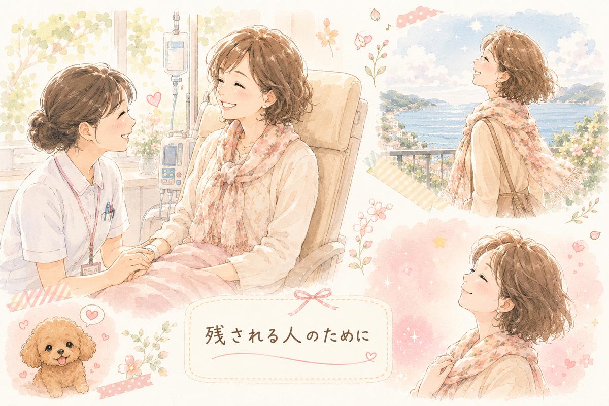 外来化学療法室の患者さんと看護師の水彩イラスト