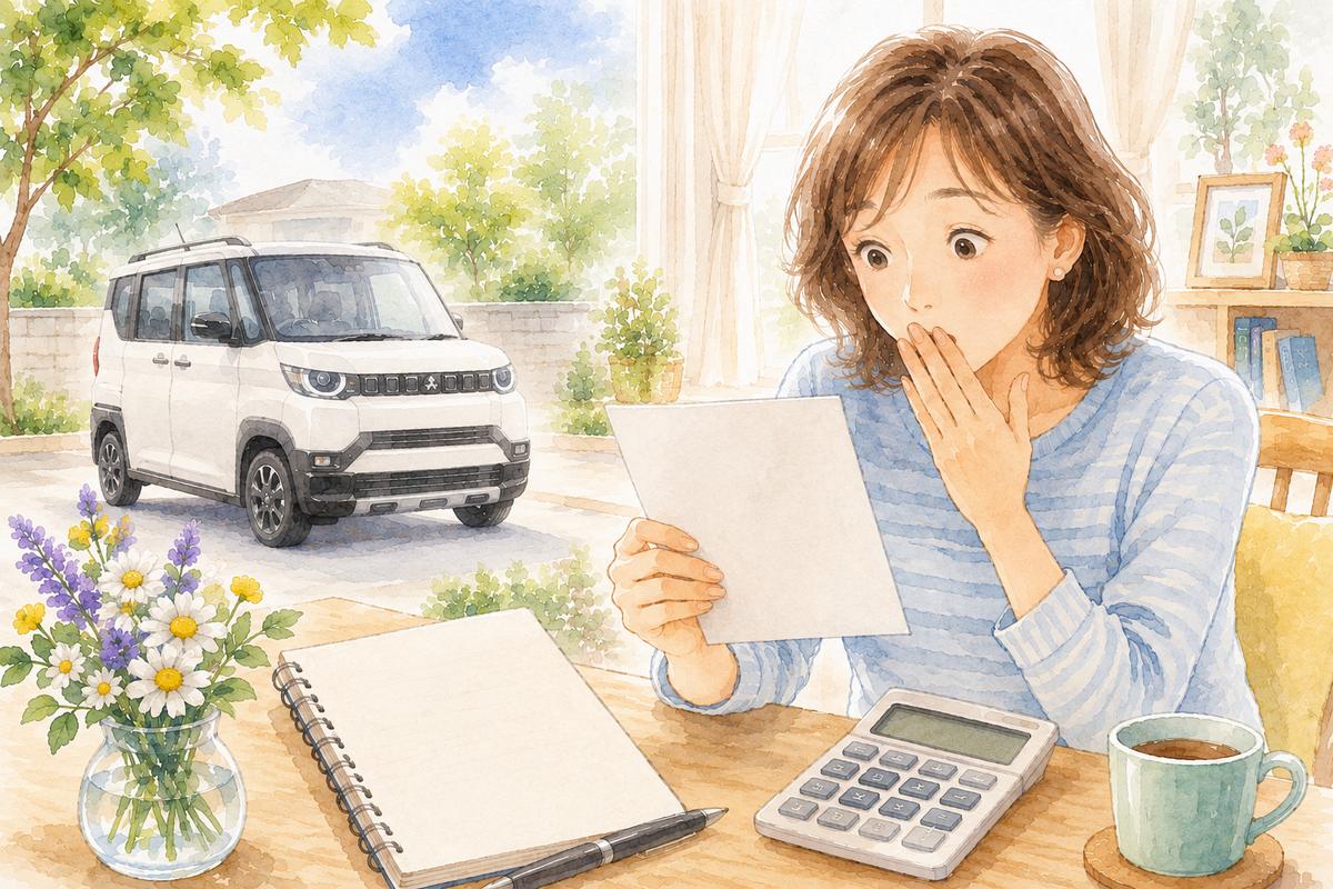 自動車保険の満期案内を見て驚く女性と、庭に停まった軽自動車の水彩イラスト