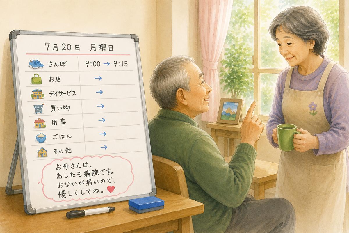 予定を書いたホワイトボードを見て笑う父と、マグカップを持って話しかける母の水彩イラスト