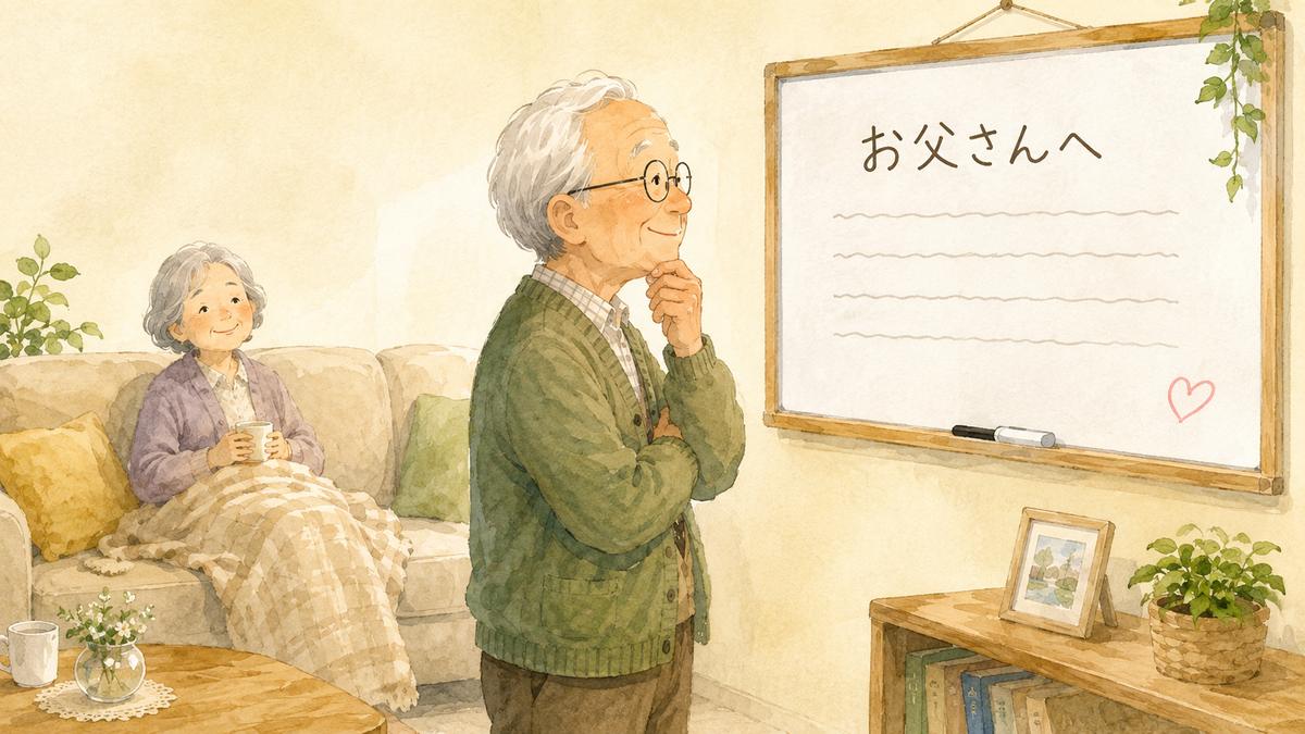 ホワイトボードに書かれた「お父さんへ」を見上げる父と、ソファから見守る母の水彩イラスト