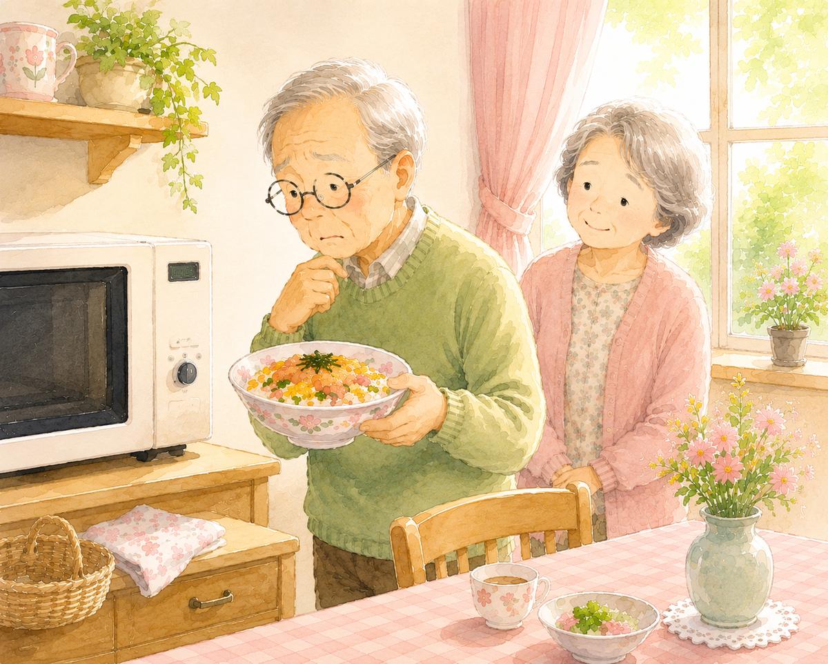 ちらし寿司の器を手に電子レンジの前で戸惑う父と、そばで見守る母の水彩イラスト