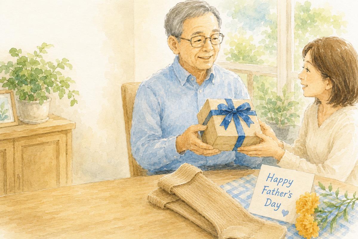 父の日に弾性ストッキングのプレゼントを娘から受け取る父の水彩イラスト