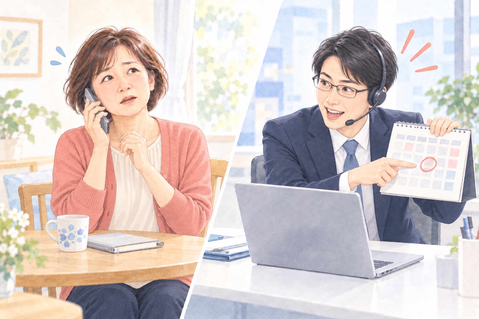 電話口で困惑する看護師と、カレンダーで面接日を指定する転職エージェントの担当者