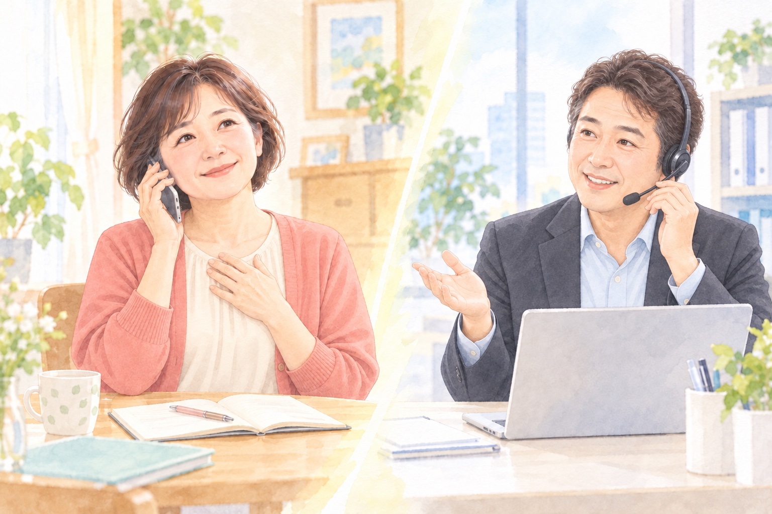 電話で話を聞いてもらい安心した表情の看護師と、丁寧に説明する転職エージェントの担当者
